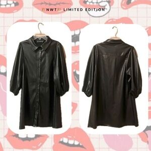 🏷️🆕🎉 (dress) black faux leather button-up collar overcoat jacket dress